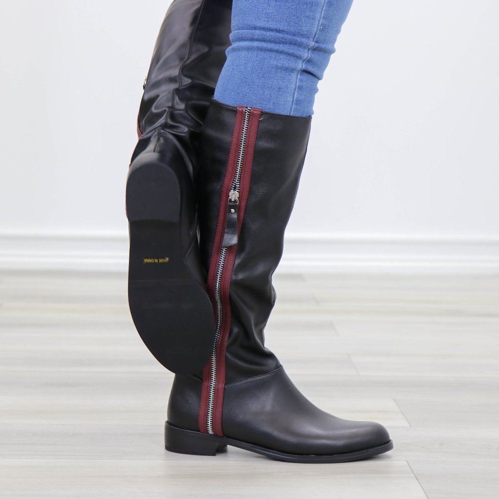 Black Below Knee Rider Boots Light Faux Fur Inside - Picture 5 of 12